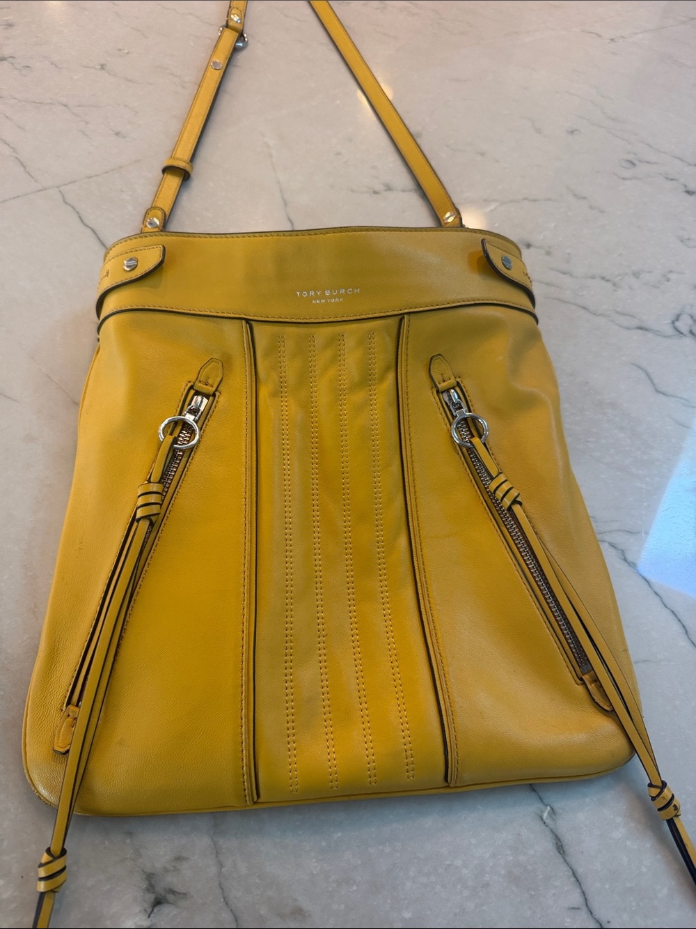 Tory Burch Yellow Leather Shoulder Bag with Front Zip Details